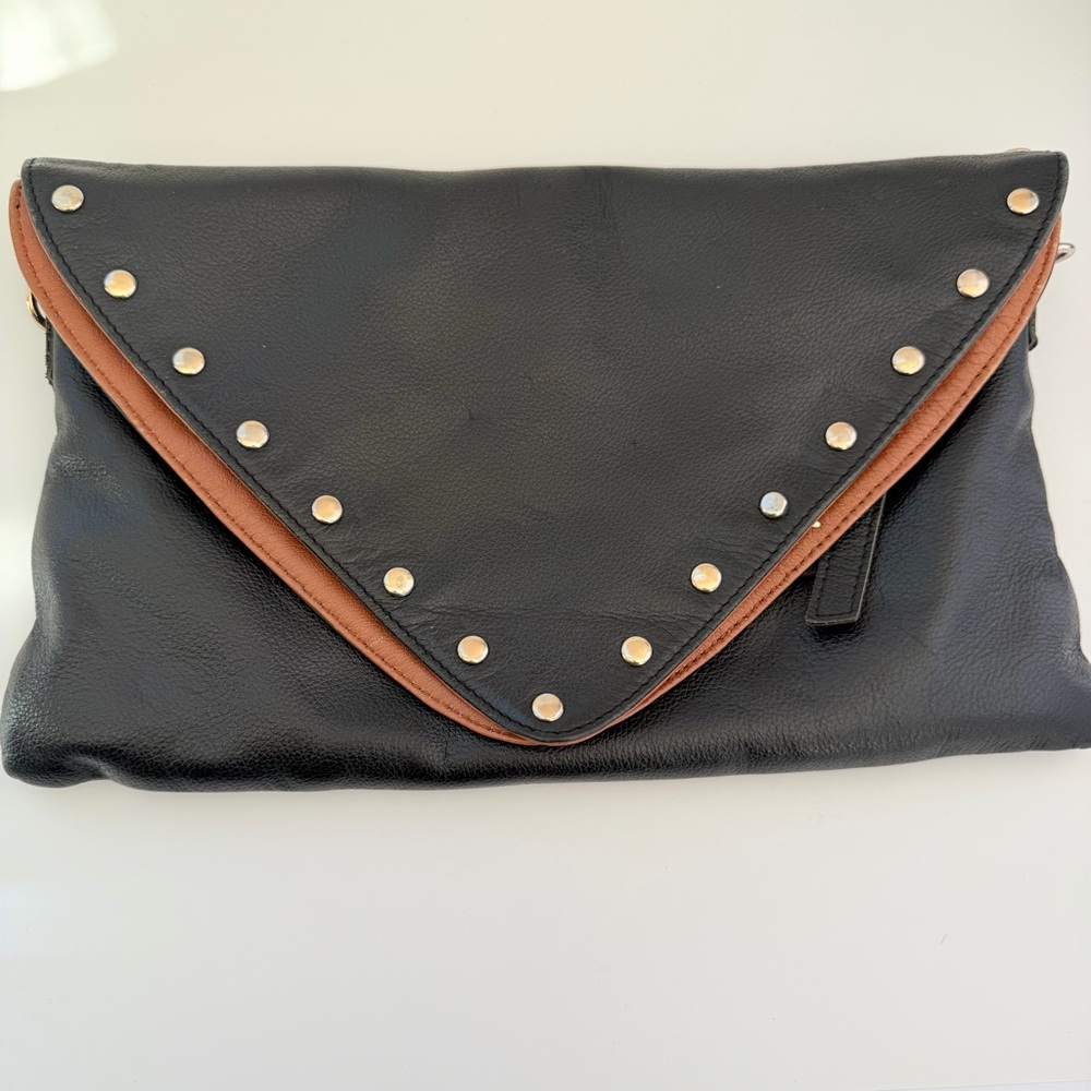 B-Low The Belt Genuine Leather Studded Black & Tan Envelope Crossbody Clutch Bag
